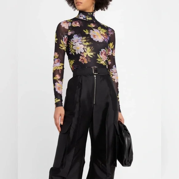 Cinq a sept Bridgette shirred mesh floral turtleneck top sz lg - Picture 2 of 15